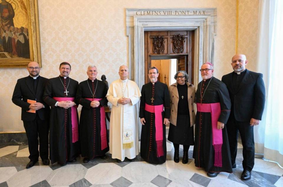 Os membros da Comissão Episcopal para Ação Missionária e Cooperação Intereclesial da CNBB com o Papa  (@Vatican Media)